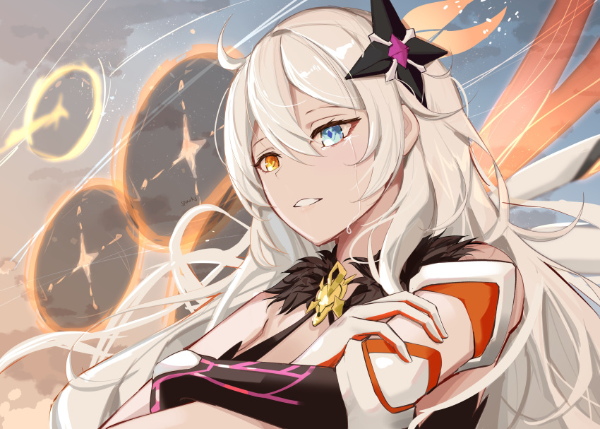 1girl, :d, absurdres, asymmetrical_gloves, bangs, black_gloves, blue_eyes, close-up