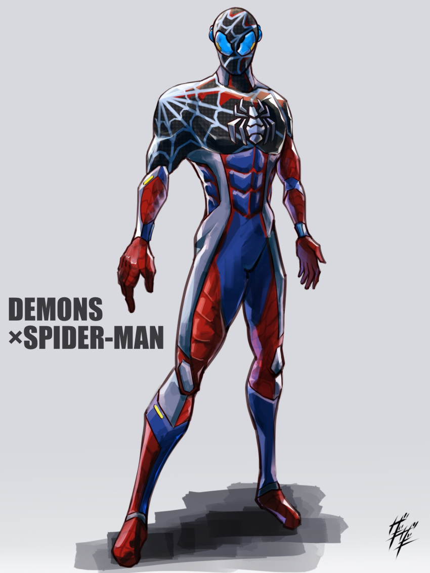 1boy, abs, armor, belt, blue_eyes, bodysuit, character_name, cowboy_shot