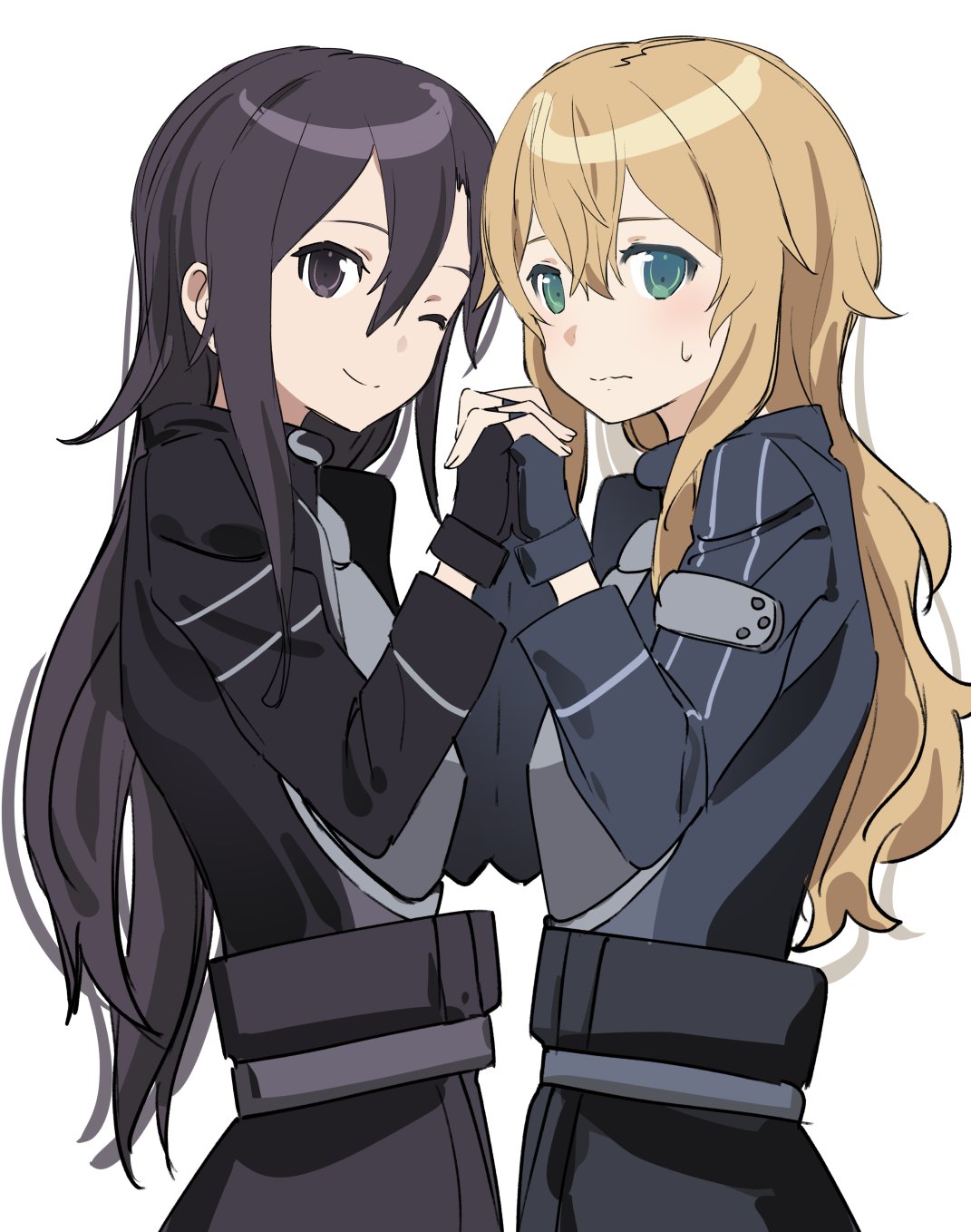 2boys, bangs, belt, black_eyes, black_jacket, blonde_hair, blue_jacket, eugeo