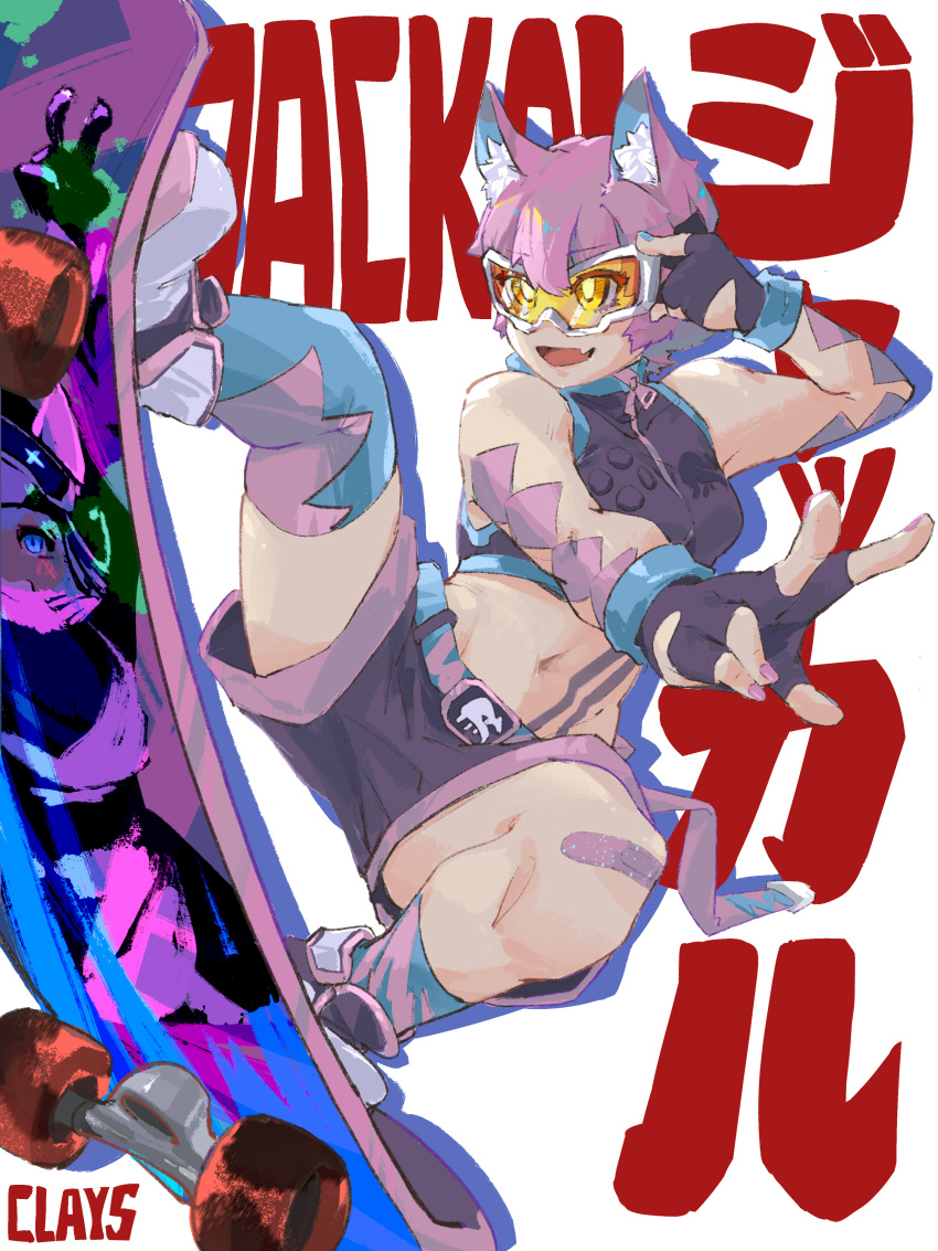 1girl, absurdres, adapted_costume, animal_ear_fluff, animal_ears, armor, belt, blue_hair, blue_legwear, breasts, clays_(clayschan), driver_(kamen_rider), extra_eyes, fingerless_gloves, genderswap, genderswap_(mtf), gloves, goggles, highres, jackal, jackal_ears, jackal_genome, kamen_rider, kamen_rider_revi, kamen_rider_revice, kamen_rider_vice, medium_breasts, midriff, multicolored_hair, pink_armor, pink_footwear, pink_hair, revice_driver, rider-tan, rider_belt, shorts, skateboard, smile, spiky_hair, stamp_mark, streaked_hair, teeth, thigh-highs, tokusatsu, yellow_eyes