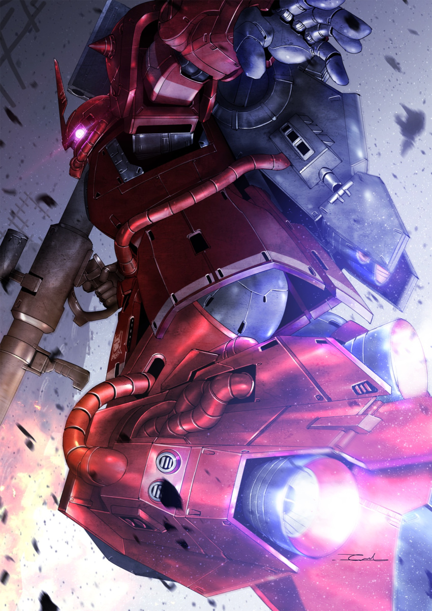 cable, flying, from_below, glowing, glowing_eye, gun, gundam, highres