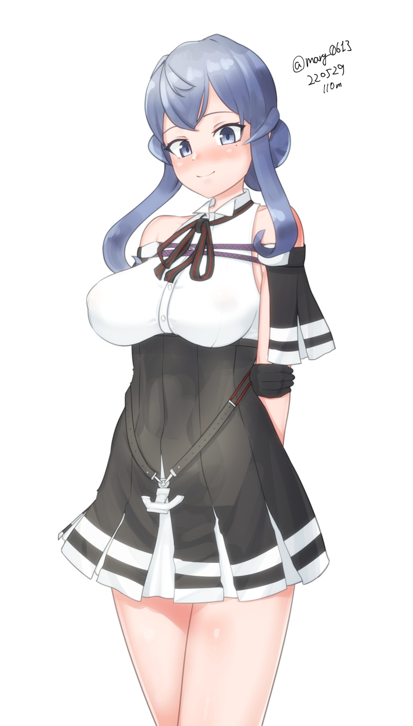 absurdres, black_capelet, black_gloves, blouse, blue_hair, capelet, cosplay, eyebrows_visible_through_hair