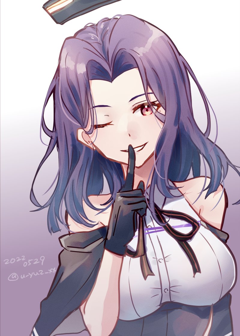 1girl, black_capelet, black_gloves, blouse, breasts, capelet, finger_to_mouth, forehead