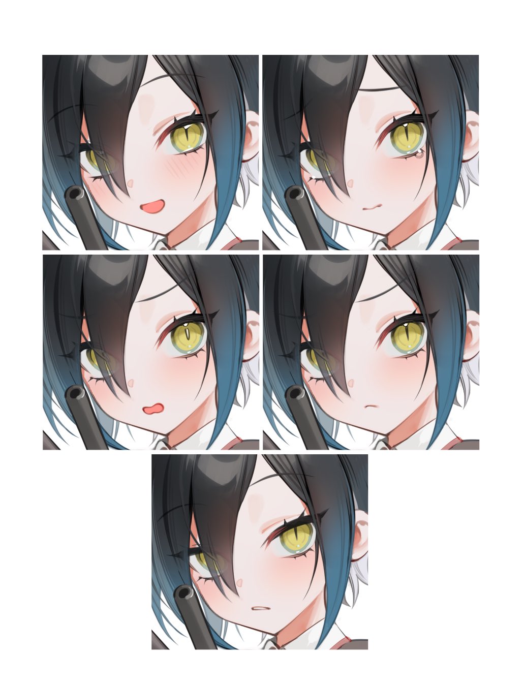 1girl, annoyed, azur_lane, black_hair, blush, commentary_request, confused, embarrassed, expression_chart, eyebrows_visible_through_hair, hair_over_one_eye, happy, highres, multiple_views, nuae5elll, open_mouth, portrait, slit_pupils, solo, tearing_up, ulrich_von_hutten_(azur_lane), yellow_eyes, younger