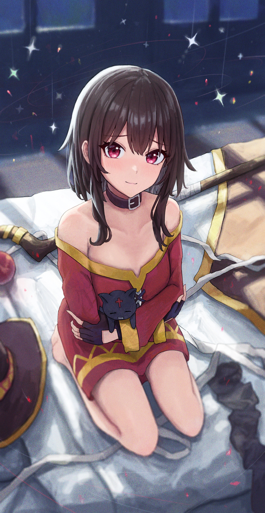 1girl, absurdres, bed, blush, brown_hair, choker, chomusuke, dress