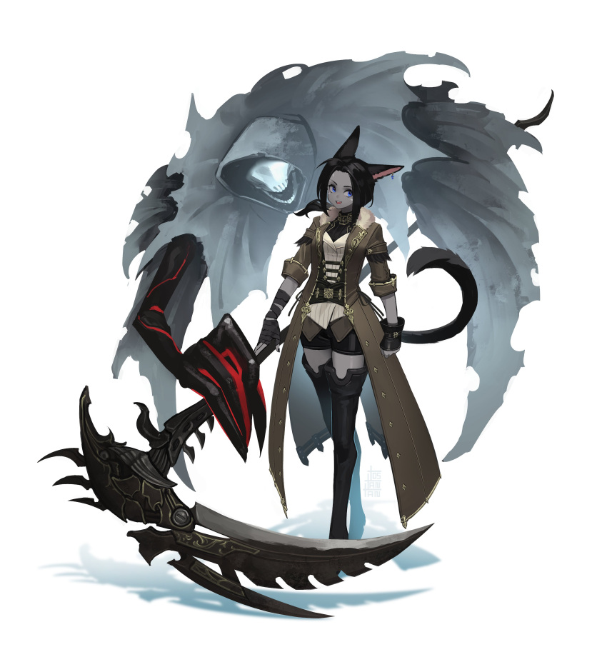 1girl, :d, absurdres, animal_ears, arms_at_sides, avatar_(ff14), black_gloves, black_hair