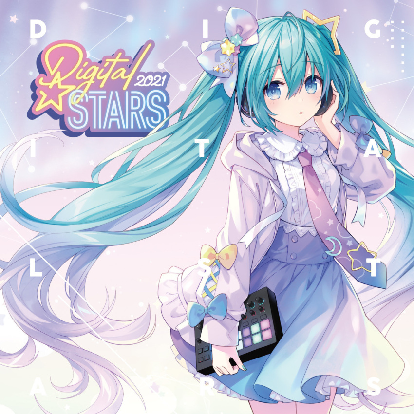 aqua_eyes, aqua_hair, bow, crescent, crescent_hair_ornament, digital_stars, eyebrows_visible_through_hair, frilled_jacket