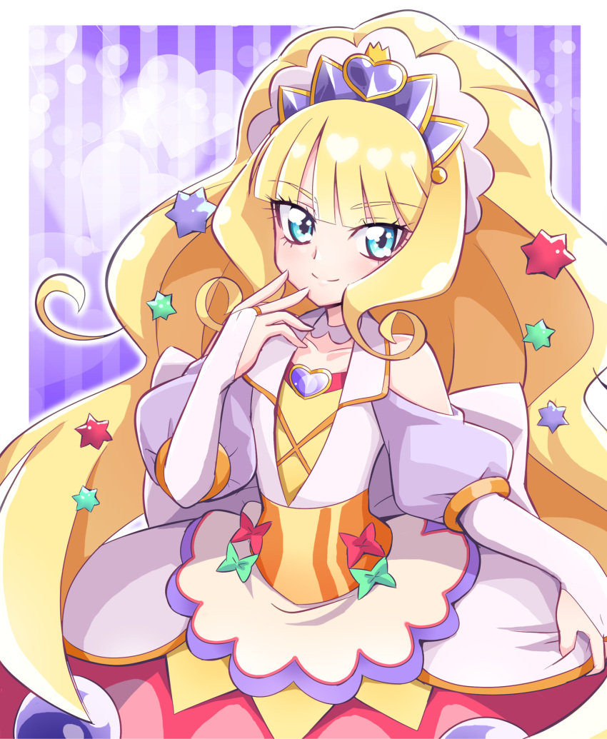 1girl, apron, bare_shoulders, blonde_hair, blush, brooch, corset, cure_finale