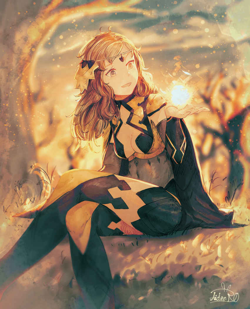 1girl, absurdres, ahoge, aidenr0, asymmetrical_bangs, bangs, blonde_hair, bodystocking, cape, circlet, covered_navel, fire_emblem, fire_emblem_fates, grey_eyes, highres, long_hair, magatama, medium_hair, open_mouth, ophelia_(fire_emblem), outdoors, pantyhose, thigh-highs
