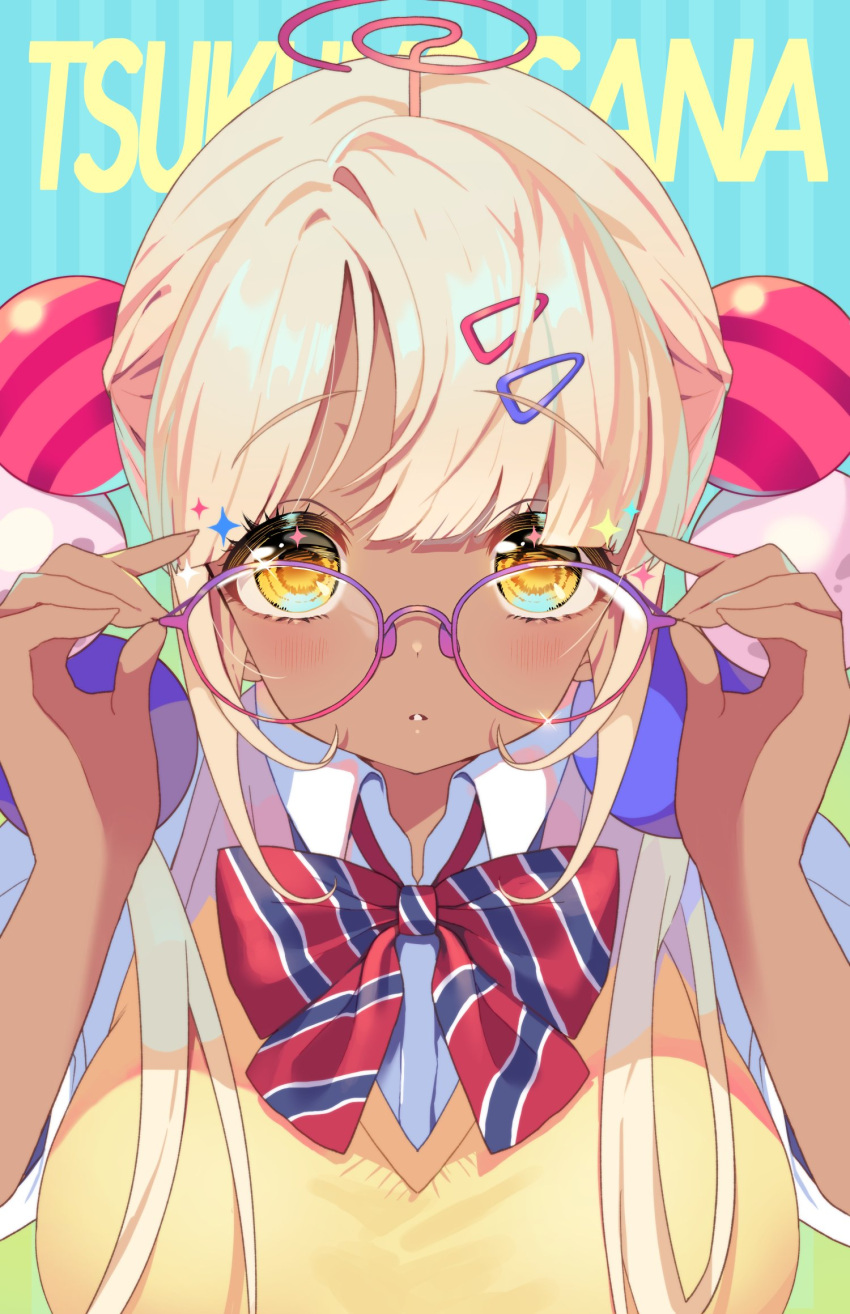 1girl, bangs, blonde_hair, blunt_bangs, breasts, character_name, collared_shirt, dark-skinned_female