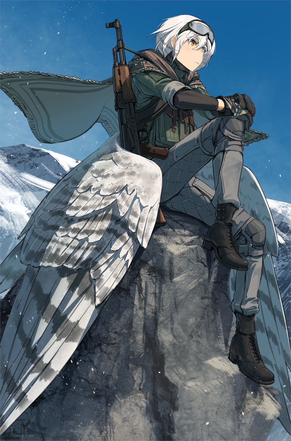 1girl, asterisk_kome, bird_wings, black_footwear, blue_sky, brown_cloak, brown_gloves, cloak, closed_mouth, frances_royce, fur_trim, gloves, goggles, goggles_on_head, grey_eyes, grey_hair, gun, hair_between_eyes, hand_on_own_knee, heterochromia, highres, hood, hood_down, hooded_cloak, knee_pads, low_wings, mountain, multicolored_hair, orange_eyes, outdoors, pouch, rock, short_hair, sitting, sky, snow, snowing, solo, turtleneck, two-tone_gloves, weapon, white_hair, wind, winged_fusiliers, wings, winter_clothes