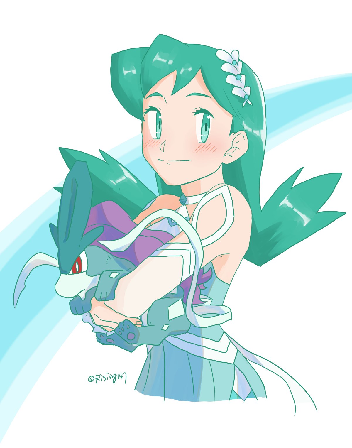 1girl, aqua_dress, aqua_eyes, aqua_hair, bare_shoulders, breasts, choker, collarbone, dress, hair_ornament, halter_dress, halterneck, highres, kris_(pokemon), looking_at_viewer, medium_hair, official_alternate_costume, pokemon, pokemon_(game), pokemon_gsc, pokemon_masters_ex, rising147, smile, suicune, white_background