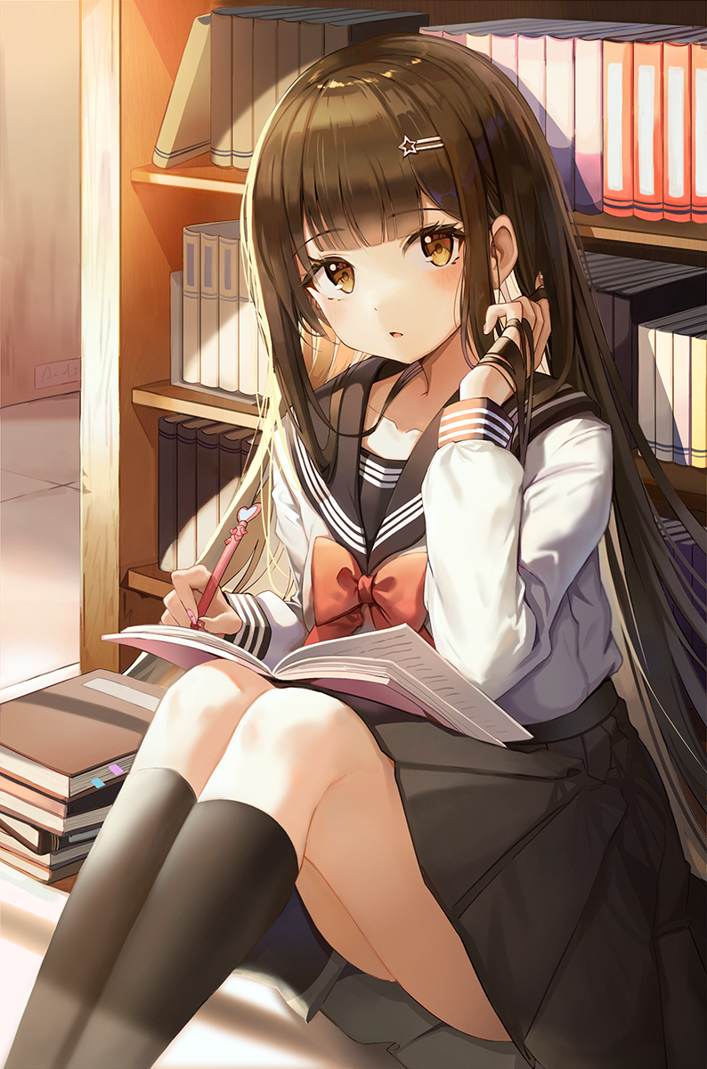1girl, black_hair, blouse, bookshelf, highres, holding, holding_pencil, kinsuke_z, long_hair, nail_polish, neckerchief, original, pencil, playing_with_hair, playing_with_own_hair, pleated_skirt, sailor_collar, school_uniform, serafuku, shirt, sitting, skirt, solo, uniform, yellow_eyes