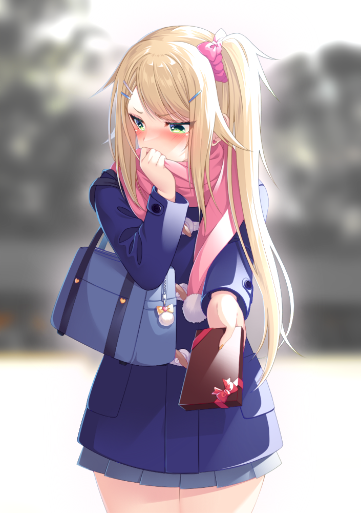 1girl, bag, blonde_hair, blush, chocolate, food, green_eyes, gyaru, handbag, holding, holding_chocolate, holding_food, jacket, kogal, long_hair, looking_away, original, pink_scarf, pov, scarf, shisui_suzuka, skirt, solo, uniform, valentine