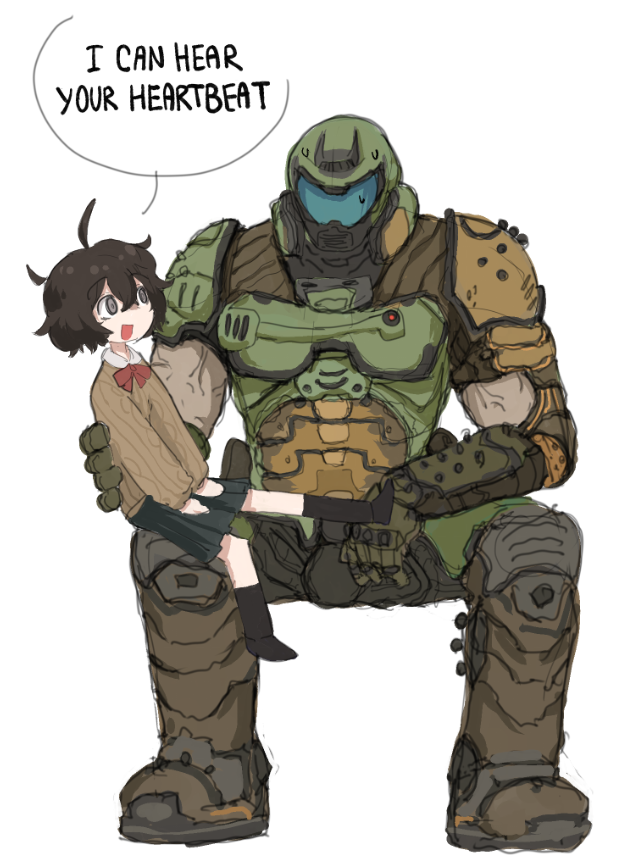 1boy, 1girl, :d, ahoge, alternate_costume, armor, bangs, black_legwear, black_skirt, blind_girl_(popopoka), borrowed_character, bow, bowtie, brown_hair, brown_sweater, doom_(series), doomguy, english_text, helmet, invisible_chair, jean_bomjan, kneehighs, messy_hair, on_lap, open_mouth, original, pleated_skirt, praetor_suit, red_bow, red_bowtie, shiny, shiny_hair, sitting, skirt, smile, speech_bubble, sweater