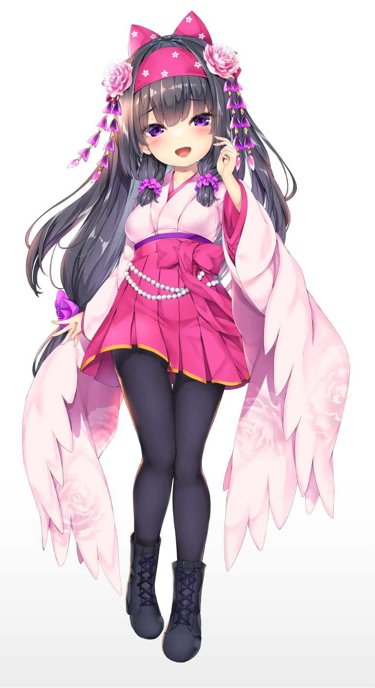 1girl, :d, bangs, black_footwear, black_hair, black_legwear, blush, boots