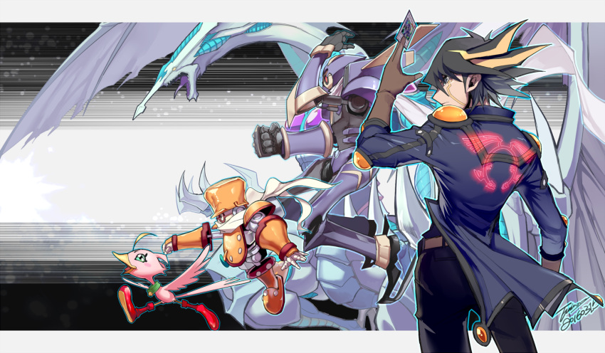 1boy, back, bangs, belt, black_hair, black_pants, blonde_hair, blue_eyes