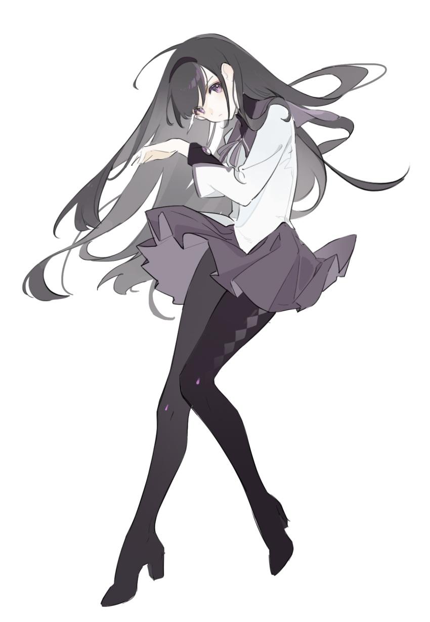 1girl, 7tkei, ahoge, akemi_homura, bangs, black_footwear, black_hair, black_hairband