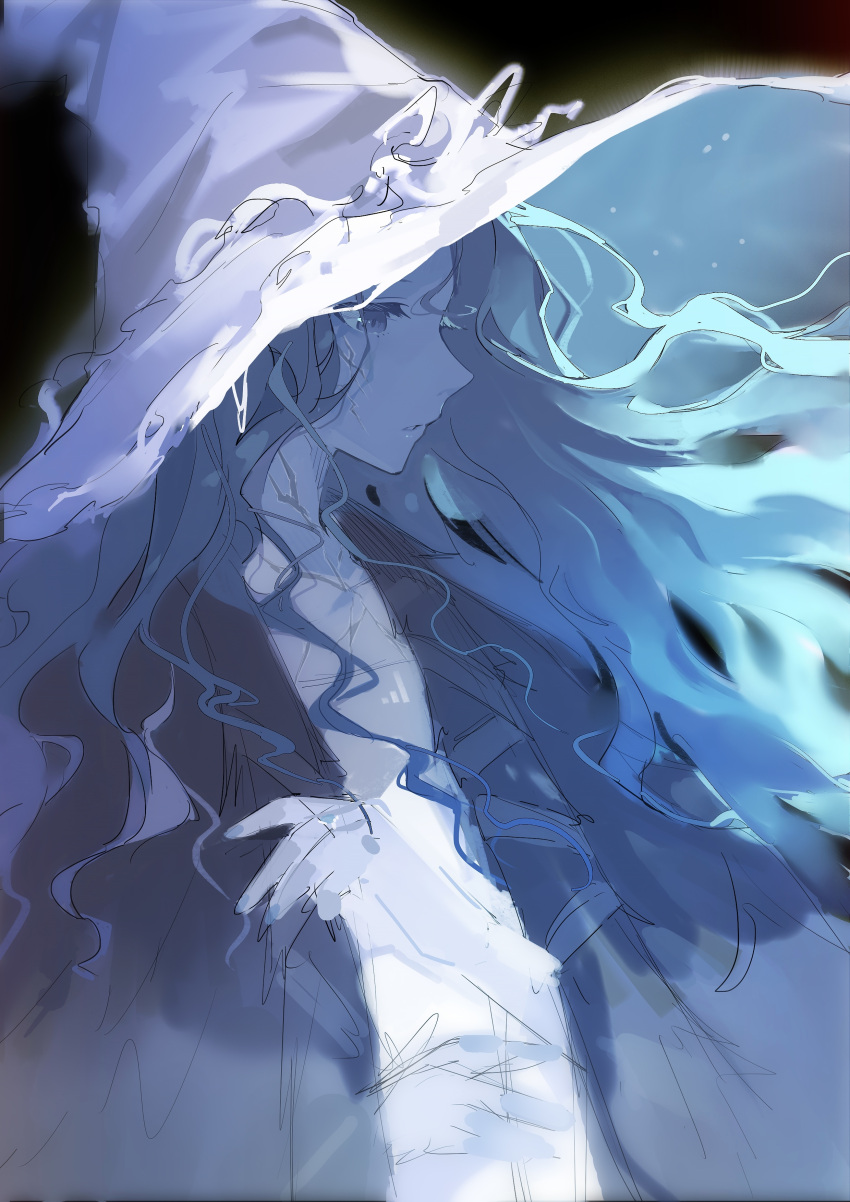 1girl, 7tkei, absurdres, black_background, blue_eyes, blue_hair, blue_skin, chinese_commentary