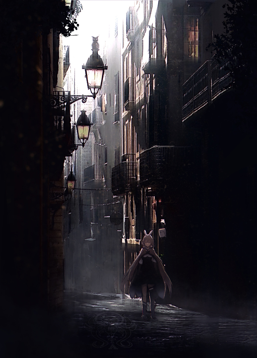 1girl, ankle_boots, asymmetrical_legwear, bag, balcony, bangs, bird, boots, brown_capelet, brown_cloak, brown_corset, brown_eyes, brown_hair, building, cape, capelet, cloak, corset, feather_hair_ornament, feathers, friend_(nanashi_mumei), hair_ornament, highres, hololive, hololive_english, knee_strap, kneehighs, lamppost, light_rays, multicolored_hair, nanashi_mumei, owl, paper_bag, photo_background, railing, ribbon, road, shirt, single_kneehigh, single_thighhigh, streaked_hair, street, taku_artworks, thigh-highs, thigh_strap, virtual_youtuber, white_shirt