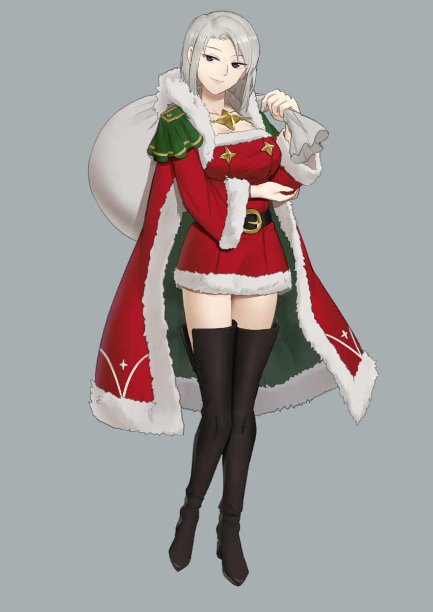1girl, alternate_costume, amalda_(fire_emblem), belt, black_belt, black_eyes, black_footwear, boots, breasts, cape, commentary, dress, ebinku, english_commentary, fire_emblem, fire_emblem:_thracia_776, full_body, fur-trimmed_cape, fur-trimmed_dress, fur-trimmed_sleeves, fur_trim, grey_background, grey_hair, highres, holding, holding_sack, large_breasts, long_sleeves, looking_at_viewer, red_cape, red_dress, sack, santa_dress, short_dress, short_hair, simple_background, smile, solo, standing, thigh_boots, wide_sleeves
