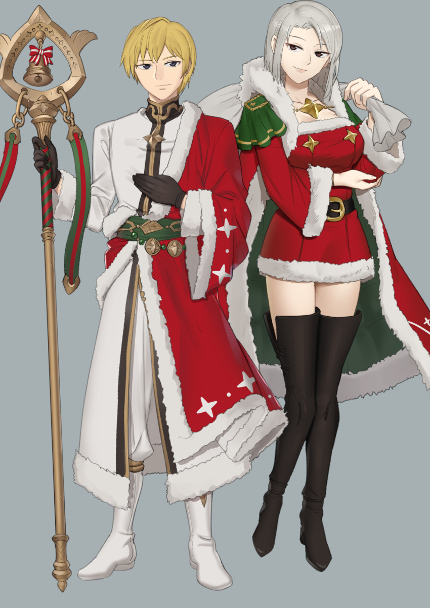 1boy, 1girl, alternate_costume, amalda_(fire_emblem), bangs, belt, black_belt, black_eyes, black_footwear, blonde_hair, boots, breasts, cape, commentary, dress, ebinku, english_commentary, fire_emblem, fire_emblem:_thracia_776, full_body, fur-trimmed_cape, fur-trimmed_dress, fur-trimmed_sleeves, fur_trim, grey_background, grey_hair, highres, holding, holding_sack, holding_staff, large_breasts, long_sleeves, looking_at_viewer, male_focus, pants, red_cape, red_dress, sack, santa_dress, short_dress, short_hair, simple_background, sleuf_(fire_emblem), smile, staff, standing, thigh_boots, white_footwear, white_pants, white_robe, wide_sleeves