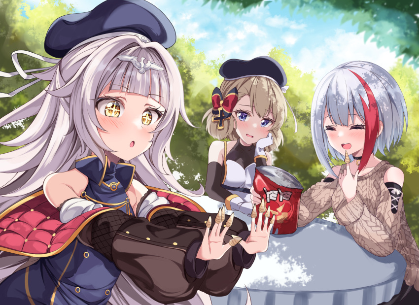 +_+, 3girls, acchii_(akina), admiral_graf_spee_(azur_lane), admiral_graf_spee_(girl's_sunday)_(azur_lane), azur_lane, blue_eyes, bugles