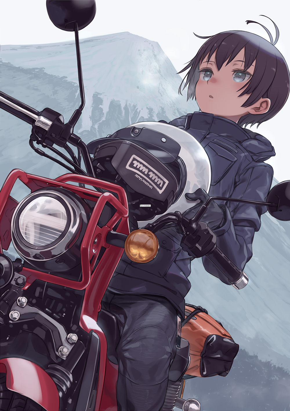 1girl, androgynous, antenna_hair, bangs, biker_clothes, black_gloves, black_hair, black_pants