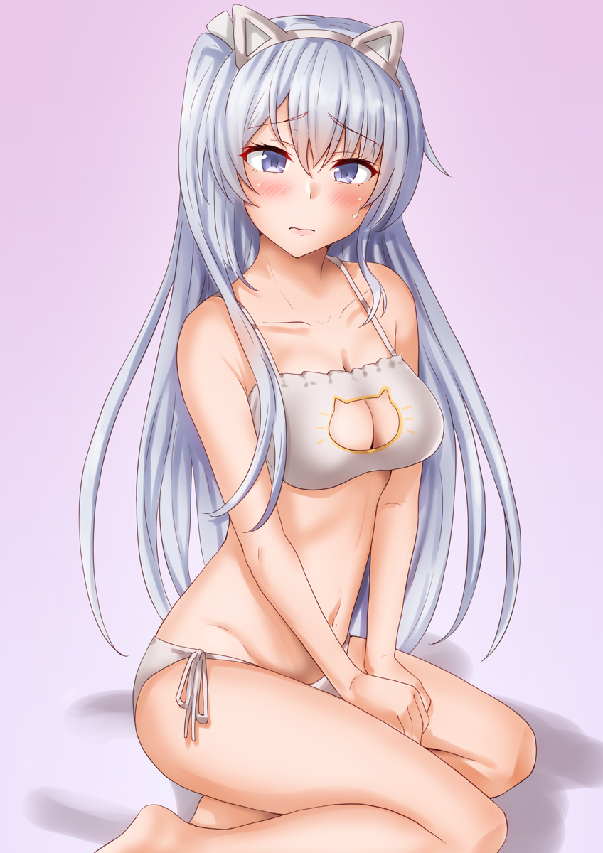 1girl, alternate_costume, animal_ears, anti_(untea9), bra, breasts, cat_cutout, cat_ear_panties, cat_ears, cat_lingerie, cleavage_cutout, clothing_cutout, eyebrows_visible_through_hair, fake_animal_ears, fuyutsuki_(kancolle), gradient, gradient_background, grey_eyes, grey_hair, hair_between_eyes, highres, kantai_collection, long_hair, looking_at_viewer, medium_breasts, meme_attire, panties, pink_background, shadow, side-tie_panties, sitting, solo, twitter_username, underwear, white_bra
