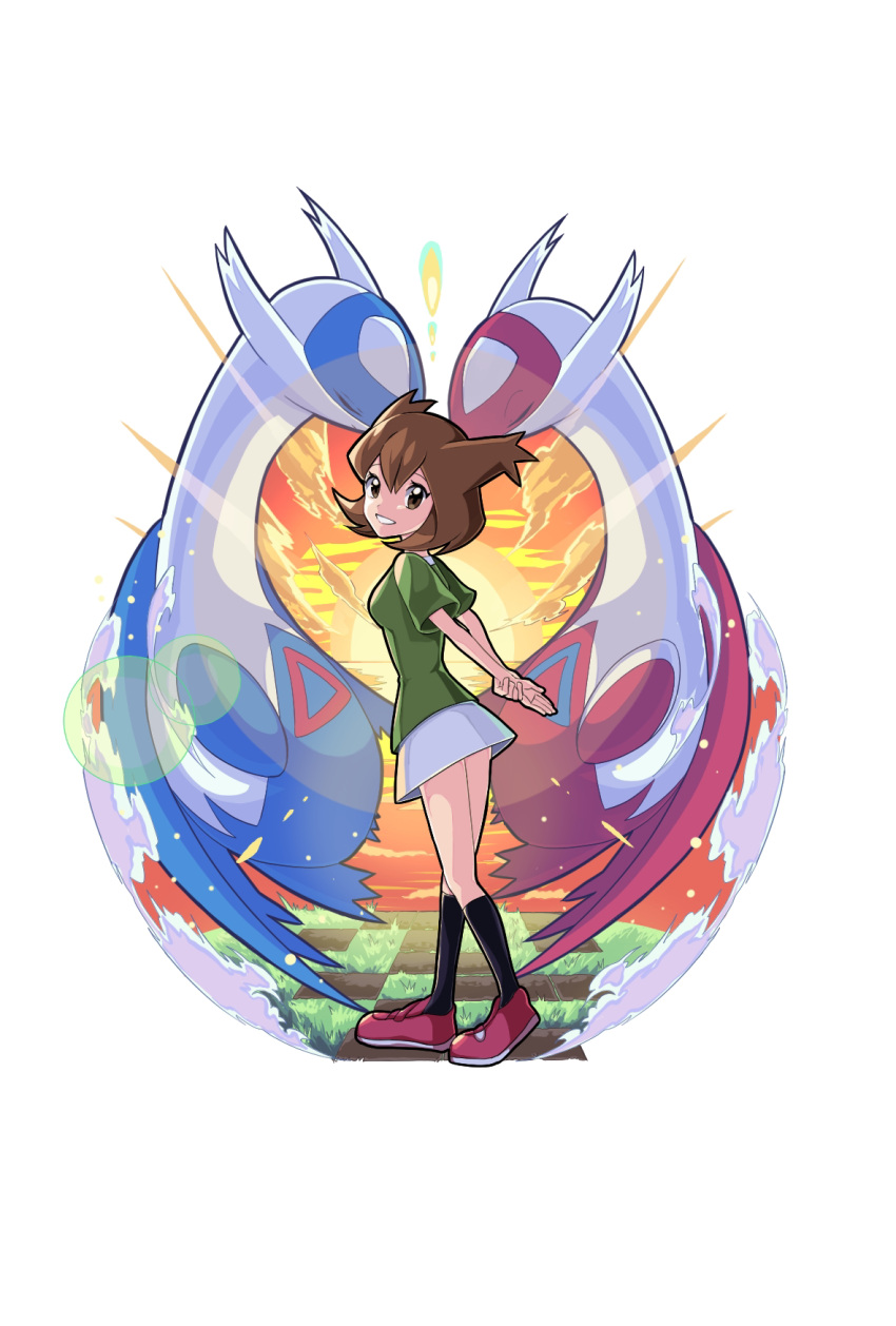 1girl, arms_behind_back, bangs, bianca_(pokemon_m05), black_legwear, brown_eyes, brown_hair, commentary_request, eyelashes, flipped_hair, green_shirt, highres, latias, latios, naruse_nanase, own_hands_together, pokemon, pokemon_(anime), pokemon_(classic_anime), pokemon_(creature), pokemon_heroes:_latios_&amp;_latias, shirt, shoes, short_sleeves, smile, socks, standing, teeth, two_side_up