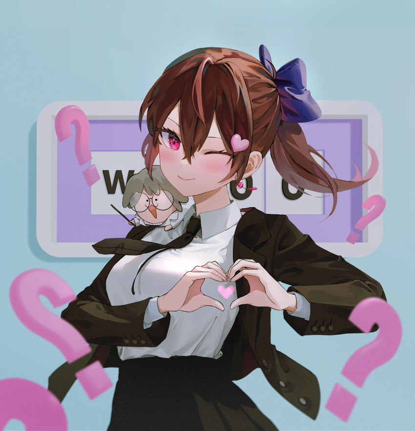 1girl, ;), ?, absurdres, bangs, black_jacket, black_necktie, black_skirt