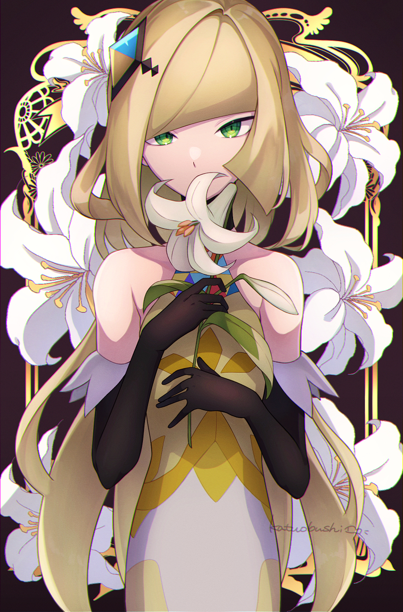 1girl, bangs, bare_shoulders, blonde_hair, blunt_bangs, brown_gloves, commentary_request, dress