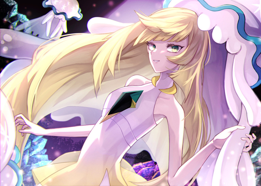 1girl, bare_arms, blonde_hair, commentary_request, diamond_(shape), dress, eyelashes, gem