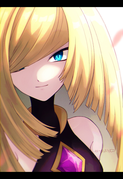 1girl, alternate_color, bangs, bare_shoulders, black_dress, blonde_hair, blue_eyes, blunt_bangs, blurry, closed_mouth, commentary_request, diamond_(shape), dress, gem, hair_over_one_eye, katuobushi04, long_hair, looking_at_viewer, lusamine_(pokemon), official_alternate_costume, pokemon, pokemon_(game), pokemon_masters_ex, purple_gemstone, sleeveless, sleeveless_dress, smile, upper_body