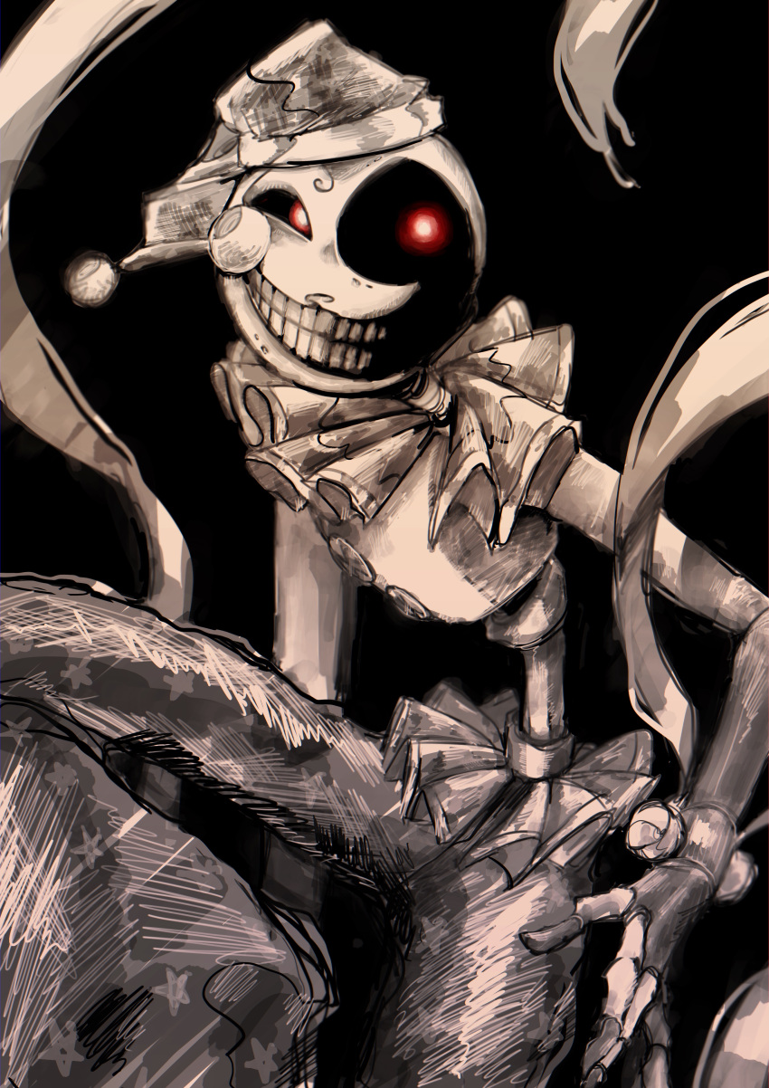 1boy, absurdres, baggy_pants, five_nights_at_freddy's, five_nights_at_freddy's:_security_breach, glowing, glowing_eyes, hat, highres, moon_(fnaf), moon_(ornament), pants, pointy_hat, rinka_(peach0927), robot, smile, solo, starry_sky_print