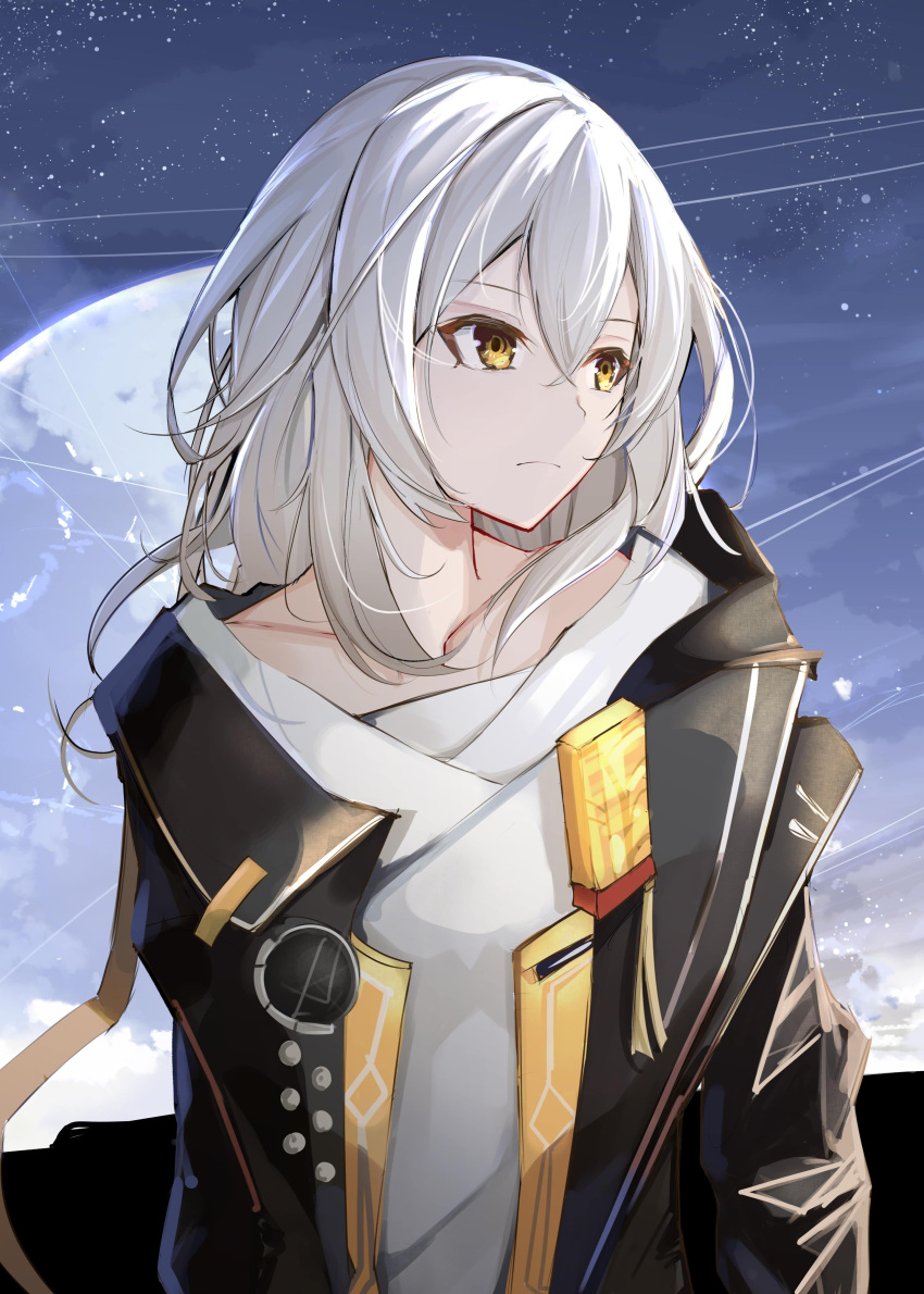 1girl, absurdres, bangs, black_jacket, closed_mouth, clouds, cloudy_sky, highres