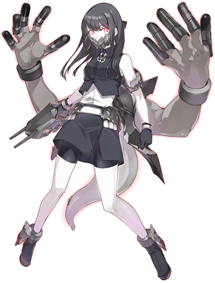 1girl, abyssal_ship, bangs, bike_shorts, bike_shorts_under_skirt, black_gloves, black_hair, breasts, colored_skin, extra_arms, full_body, gloves, holding, kantai_collection, konishi_(koconatu), long_hair, mask, mouth_mask, official_art, outer_southern_sea_destroyer_princess, pale_skin, red_eyes, shirt, skirt, sleeveless, small_breasts, solo, tachi-e, tail, torpedo, transparent_background, white_skin
