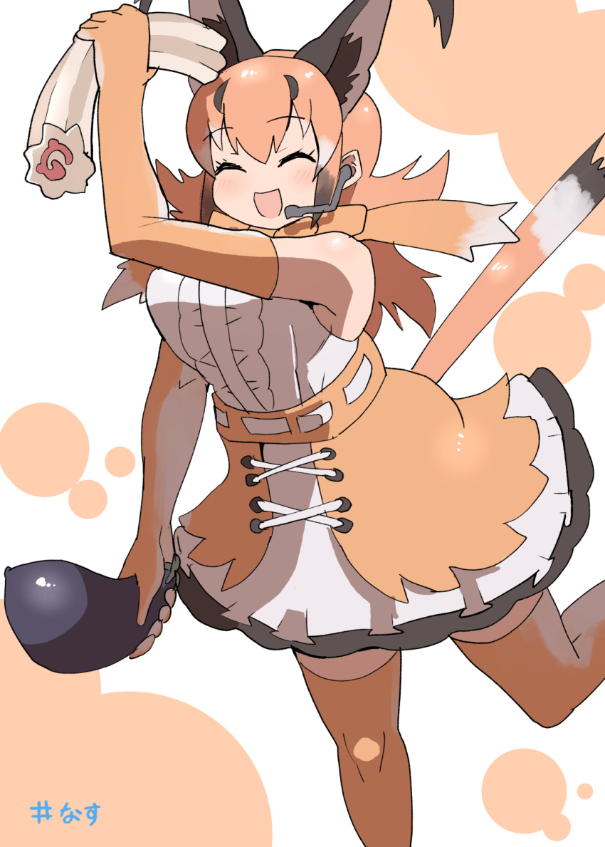 1girl, animal_costume, animal_ears, bow, bowtie, caracal_(kemono_friends), caracal_ears, closed_eyes