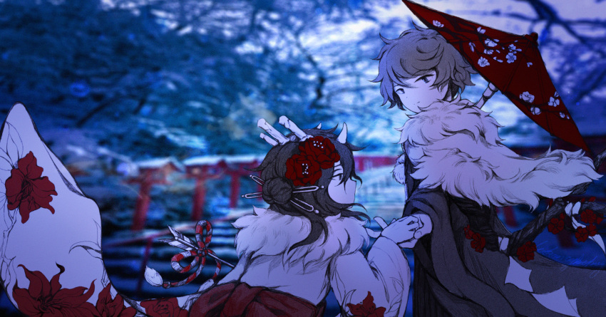2others, androgynous, bangs, black_hair, brown_hair, candle, flower, fur_trim
