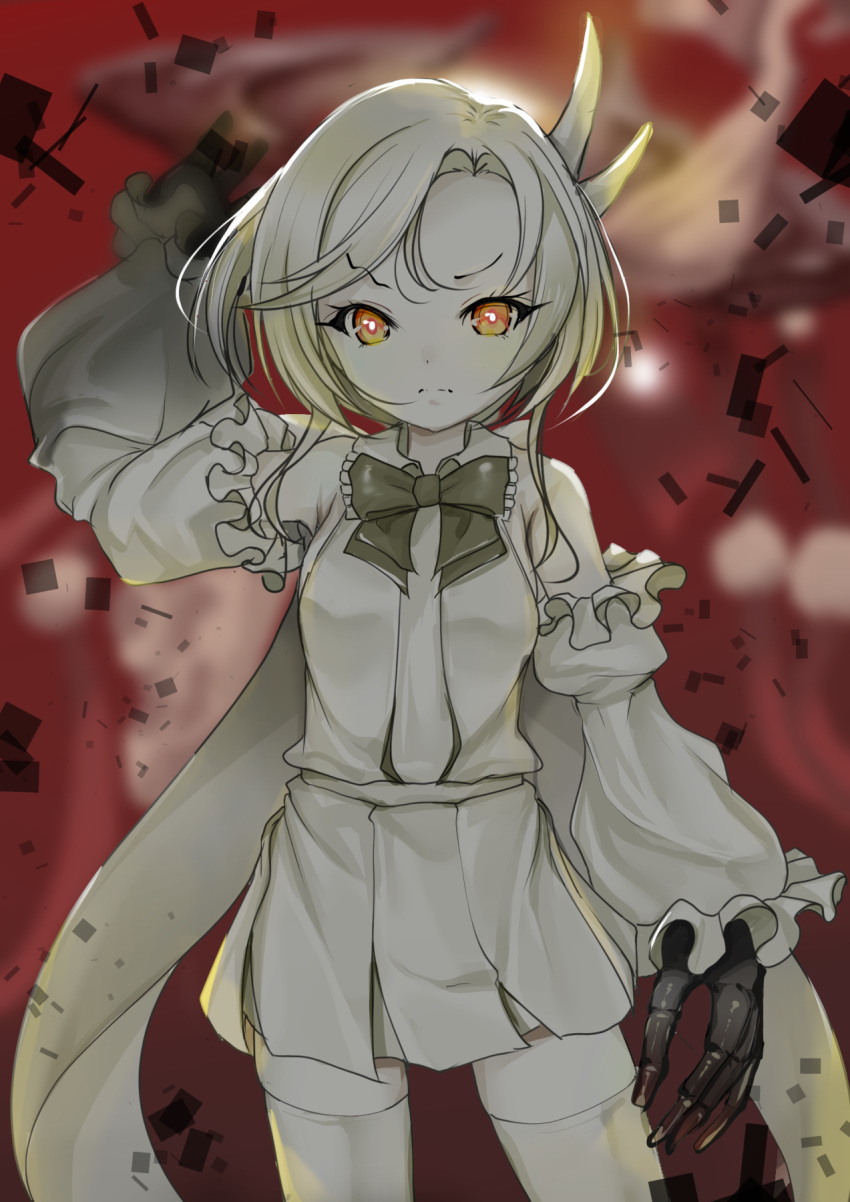 1girl, abyssal_jade_princess, abyssal_ship, asymmetrical_horns, black_bow, black_bowtie, bow, bowtie