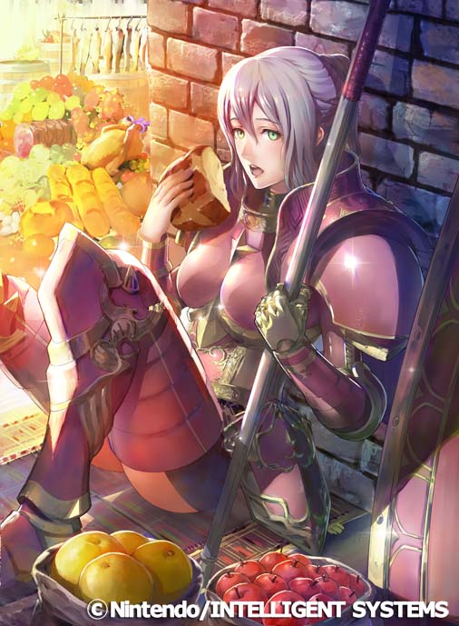1girl, armor, boobplate, bread, breastplate, brick_wall, dried_fish, eating, effie_(fire_emblem), fire_emblem, fire_emblem_cipher, fire_emblem_fates, food, fruit, green_eyes, hair_bun, holding, holding_polearm, holding_weapon, looking_at_viewer, meat, momose_hisashi, official_art, open_mouth, polearm, weapon