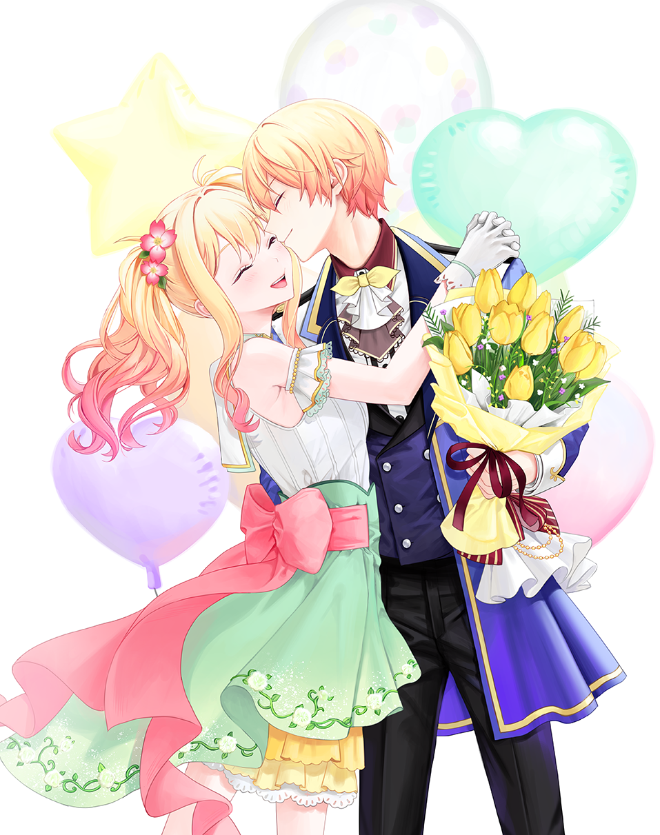 1boy, 1girl, 2_(artist), arm_around_shoulder, armband, ascot, back_bow, balloon, bare_shoulders, black_ascot, black_pants, blonde_hair, blue_coat, blue_vest, bouquet, bow, bowtie, brother_and_sister, capelet, closed_eyes, closed_mouth, coat, colored_tips, cowboy_shot, curly_hair, doily, eyebrows_visible_through_hair, flower, frilled_armband, glitter, gold_trim, gradient, gradient_hair, green_skirt, hair_between_eyes, hair_flower, hair_ornament, happy, head_back, heart_balloon, height_difference, high-waist_skirt, highres, holding, holding_bouquet, interlocked_fingers, kiss, kissing_cheek, lace, lace-trimmed_ascot, lace_trim, laughing, layered_skirt, leaning_to_the_side, light_blush, multicolored_hair, own_hands_clasped, own_hands_together, pants, pink_bow, pink_hair, polka_dot, profile, project_sekai, purple_flower, red_ribbon, ribbon, siblings, sidelocks, simple_background, skirt, sleeveless, star_balloon, teeth, tenma_saki, tenma_tsukasa, tulip, twintails, upper_teeth, vest, white_ascot, white_background, white_flower, yellow_bow, yellow_bowtie, yellow_flower, yellow_skirt