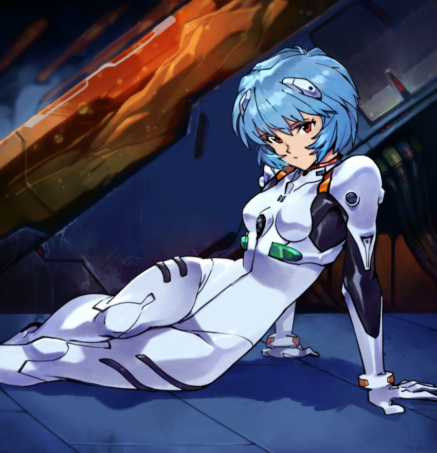 1girl, arm_support, ayanami_rei, blue_hair, breasts, closed_mouth, highres, looking_at_viewer, medium_breasts, neon_genesis_evangelion, optionaltypo, plugsuit, red_eyes, short_hair, sitting, solo