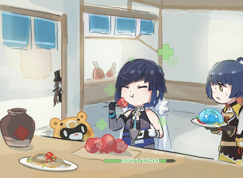 3girls, alcohol, animal_ears, bangs, bear, bear_ears, black_hair, blunt_bangs, brown_hair, chibi, chinese_clothes, chopsticks, coat, coat_on_shoulders, eating, food, gameplay_mechanics, genshin_impact, happy, hat, health_bar, hiding, highres, hu_tao_(genshin_impact), jar, kurumi_(yuru_yuri), long_hair, meat, multiple_girls, peeking_out, porkpie_hat, shaded_face, short_hair, smile, sweat, twintails, xiangling_(genshin_impact), xinzoruo, yelan_(genshin_impact)