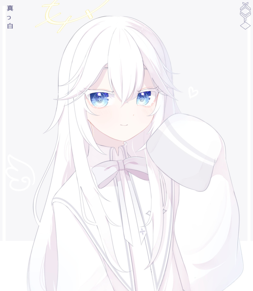 1girl, angel, bangs, blue_eyes, character_name, closed_mouth, grey_background, hair_between_eyes