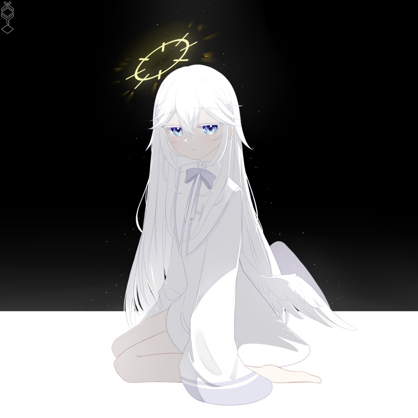 1girl, absurdres, ahoge, angel, bangs, black_background, blue_eyes, closed_mouth