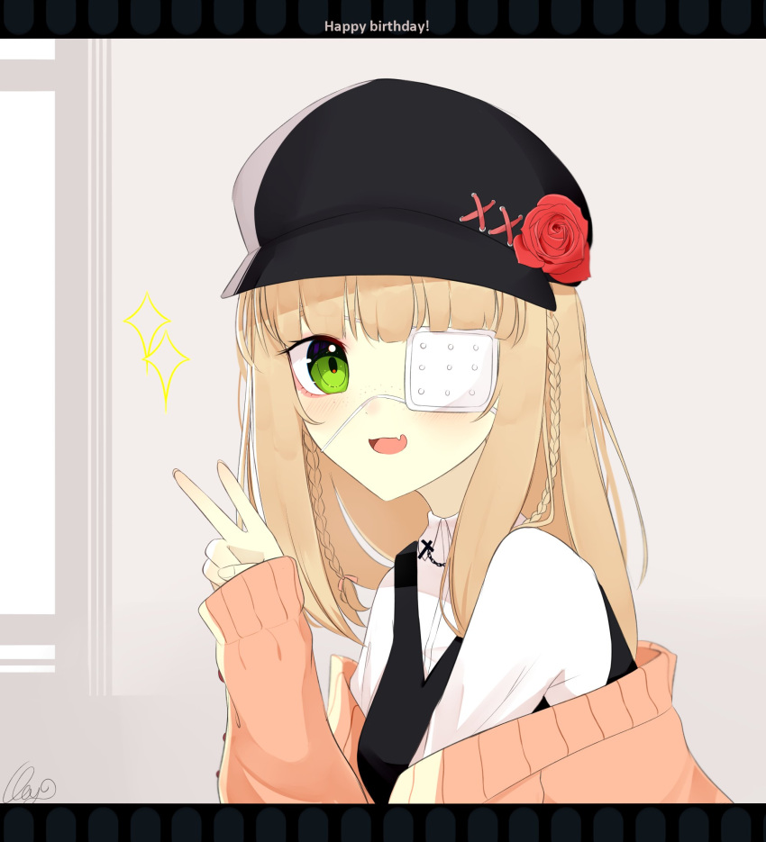 1girl, bangs, blonde_hair, blunt_bangs, braid, collared_shirt, eyepatch, fang