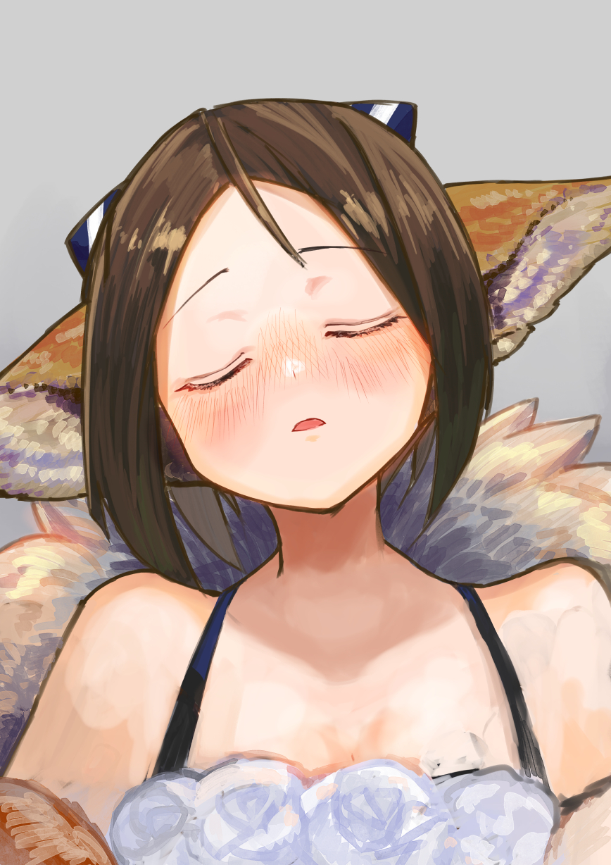 1girl, animal_ears, arknights, bare_shoulders, blush, brown_hair, chocolatice, closed_eyes