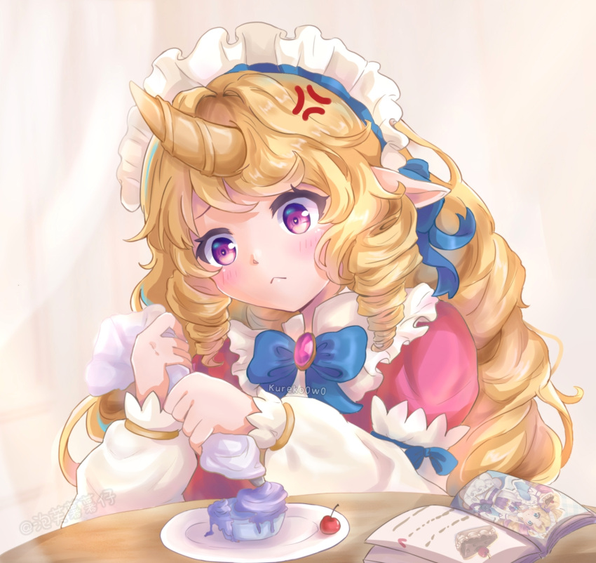 1girl, :<, anger_vein, artist_name, bangs, blonde_hair, blue_bow, blue_bowtie