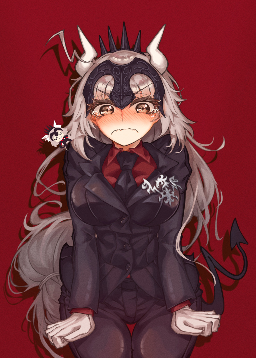 1girl, black_necktie, black_pants, black_suit, black_tail, blush, breasts, collared_shirt